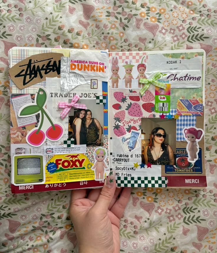An Open Junk Journal with cut out arts and crafts papers, sticker and printed photos. 
